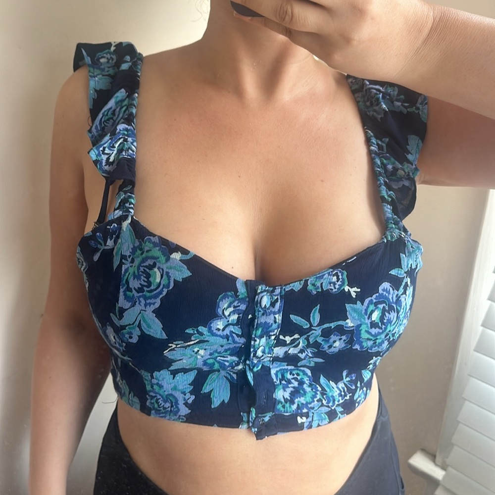 Angie Sleevless Crop Top Bustier Button Up Flutter Ruffle Straps Elastic Back